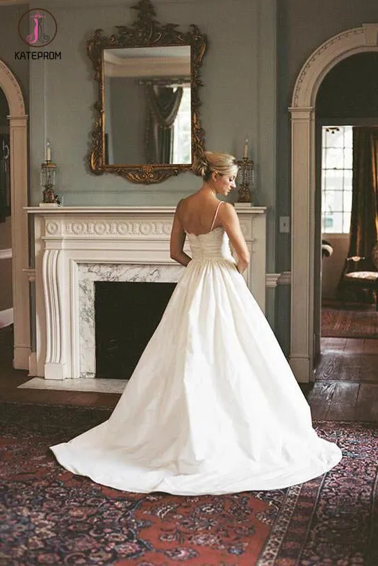 A-line V-neck Sleeveless Spaghetti Strap Lace Wedding Dress,Beach Wedding Gown KPW0121