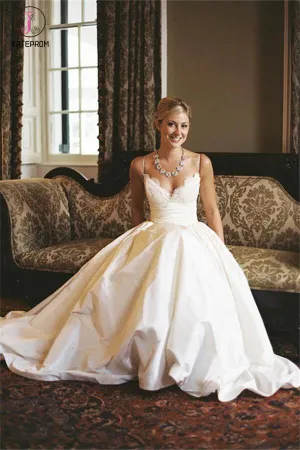 A-line V-neck Sleeveless Spaghetti Strap Lace Wedding Dress,Beach Wedding Gown KPW0121