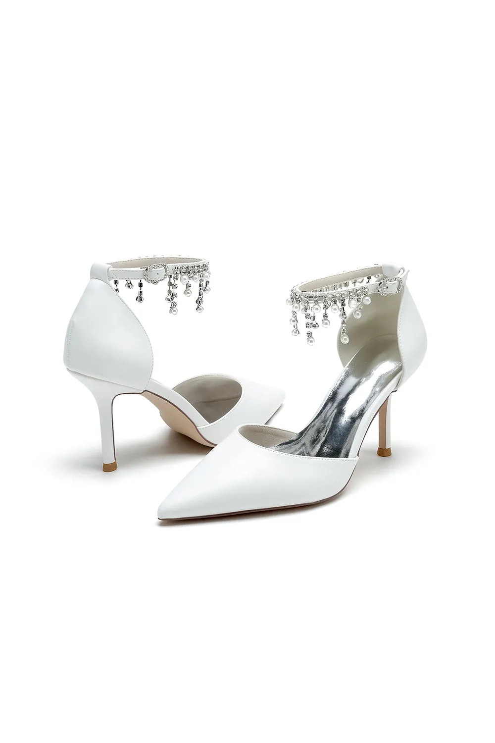 Satin Ankle Strap Pearl Beaded Satin Wedding Shoes