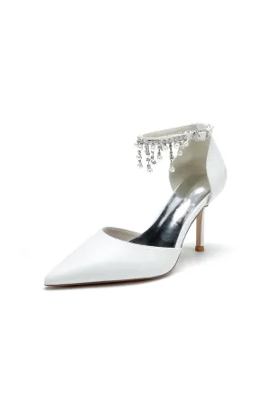 Satin Ankle Strap Pearl Beaded Satin Wedding Shoes