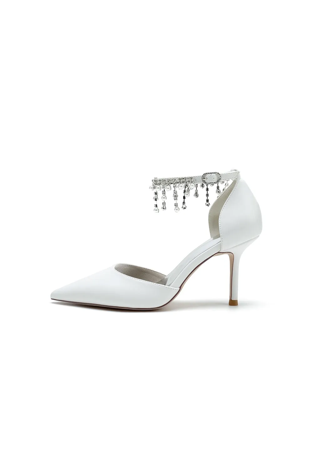 Satin Ankle Strap Pearl Beaded Satin Wedding Shoes