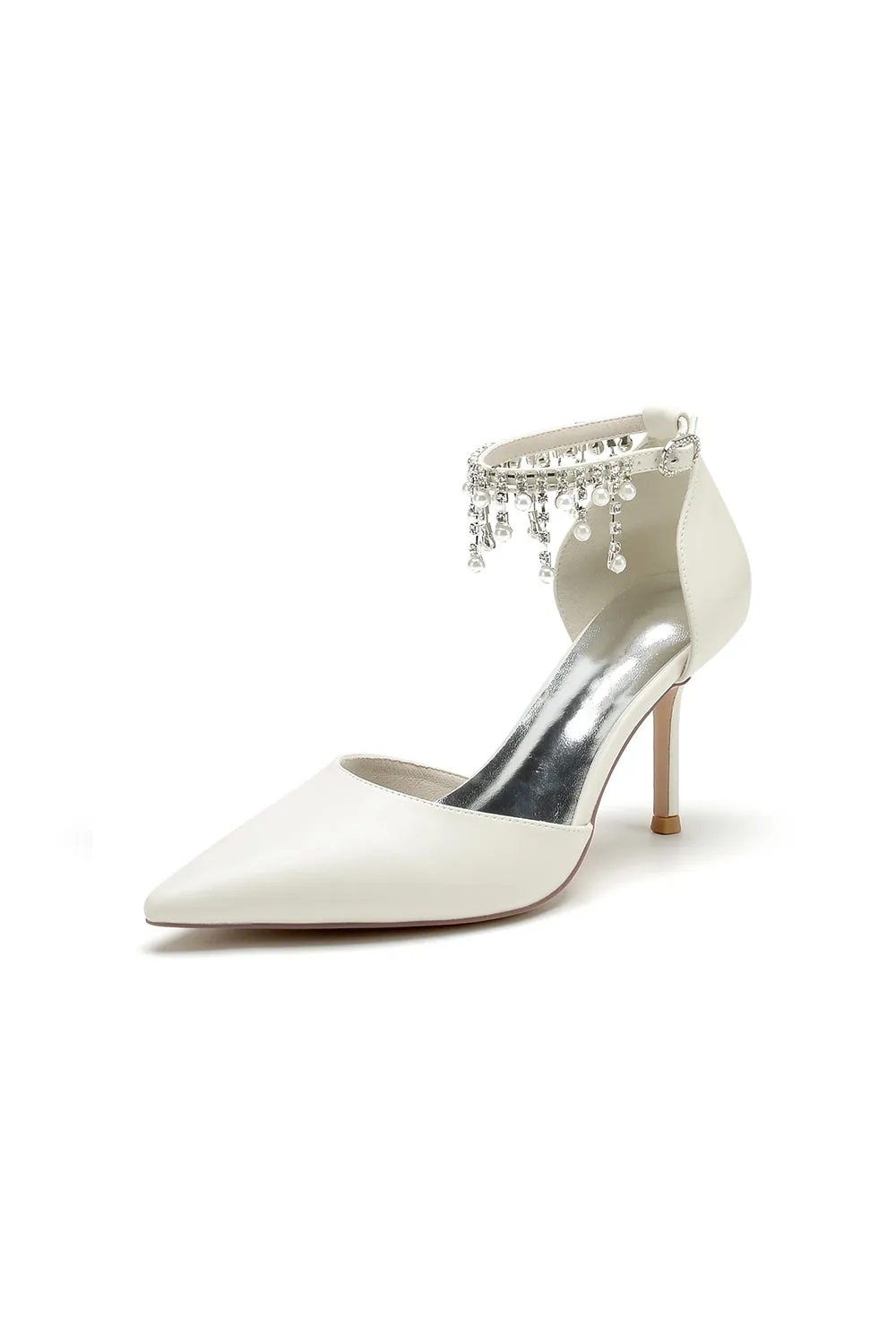 Satin Ankle Strap Pearl Beaded Satin Wedding Shoes