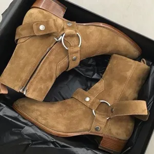 Suede Leather Chains Harness Buckle Chelsea Boots